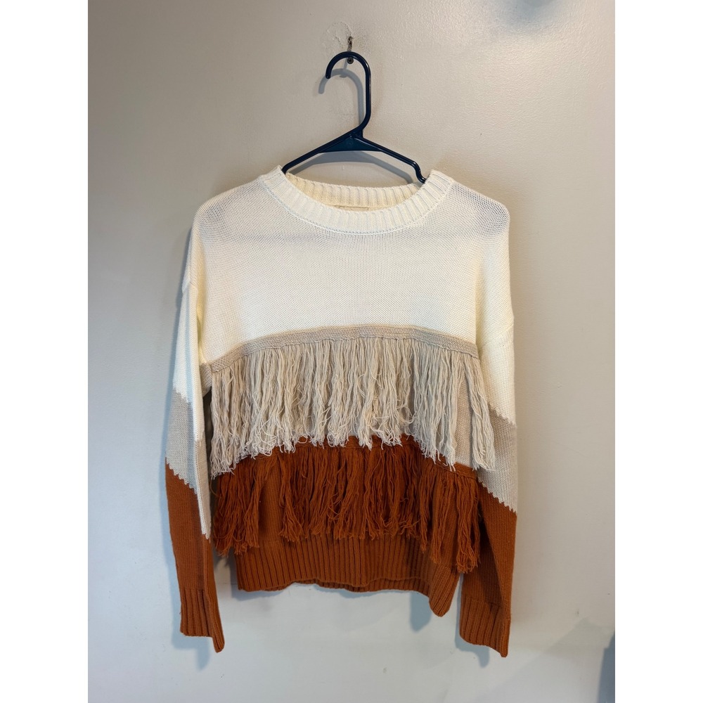 Cato Womens Fringe Colorblock‎ Knit Sweater Rust Cream Tan Boho Size Medium